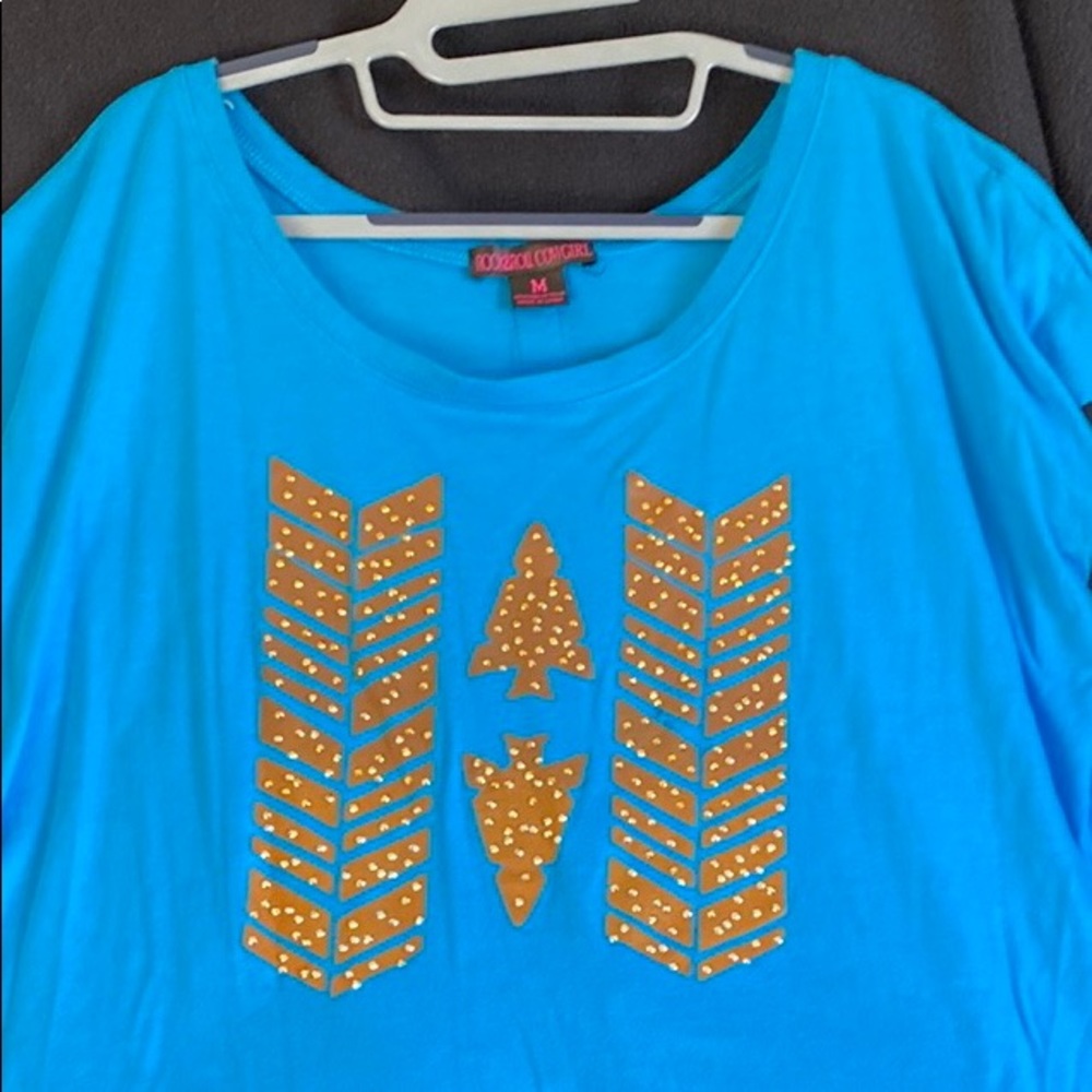 Rock & Roll cowgirl teal shirt with brown feather Aztec print on back
